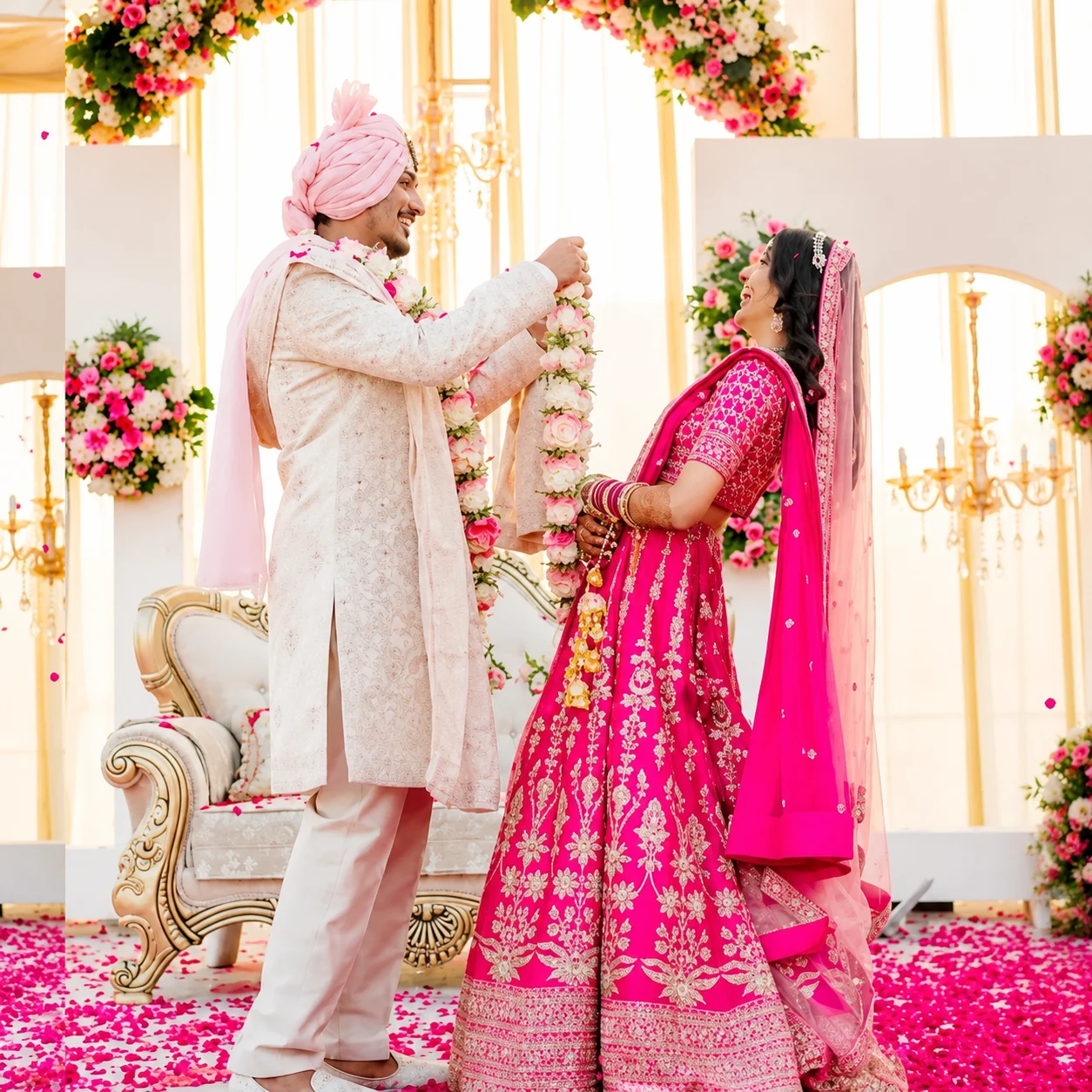 Bride and groom at engagement ceremony stage decor by DFD wedding & Events