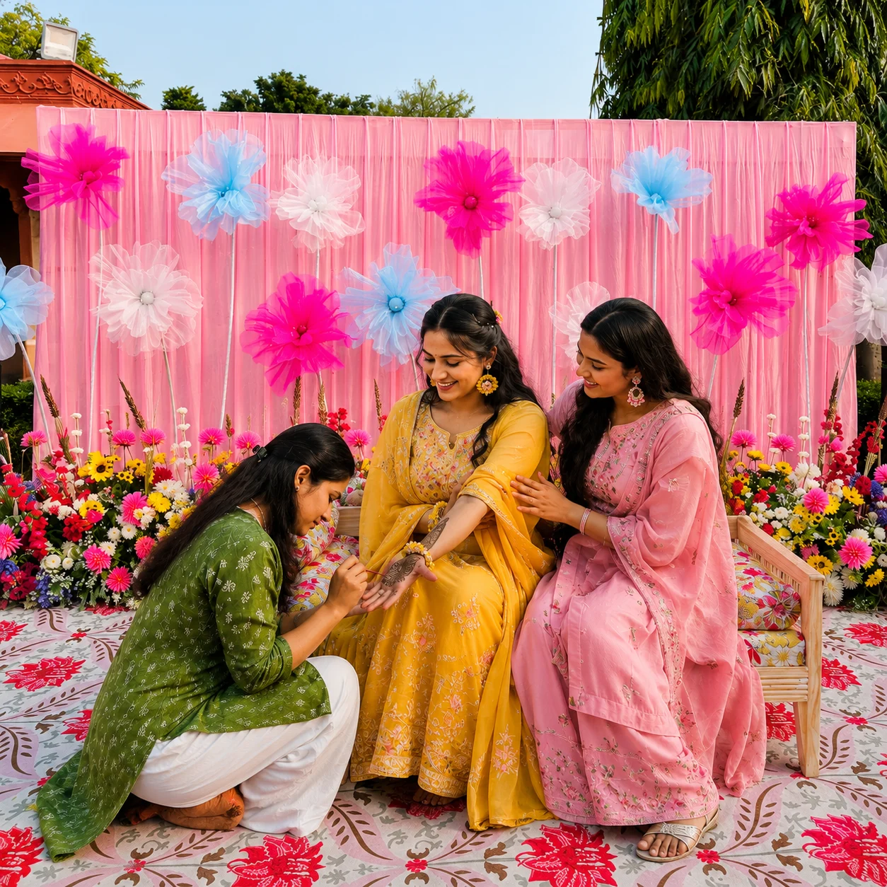 Bride at mehndi stage decor by DFD Wedding & Events