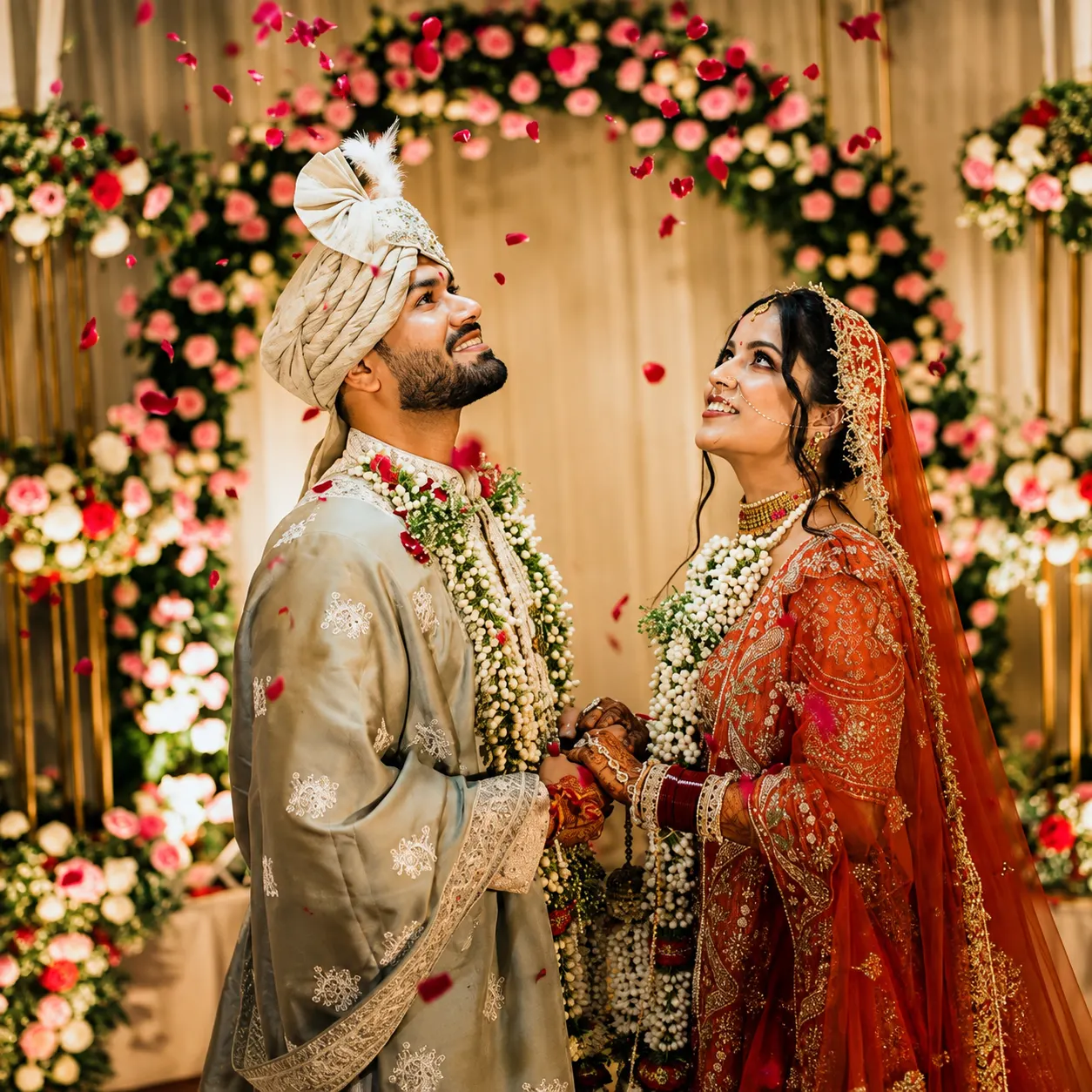 Bride and Groom at floral stage, decor by DFD Wedding 