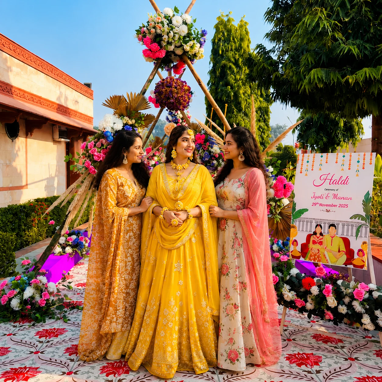 Bride at Haldi ceremony decor by DFD wedding & Events