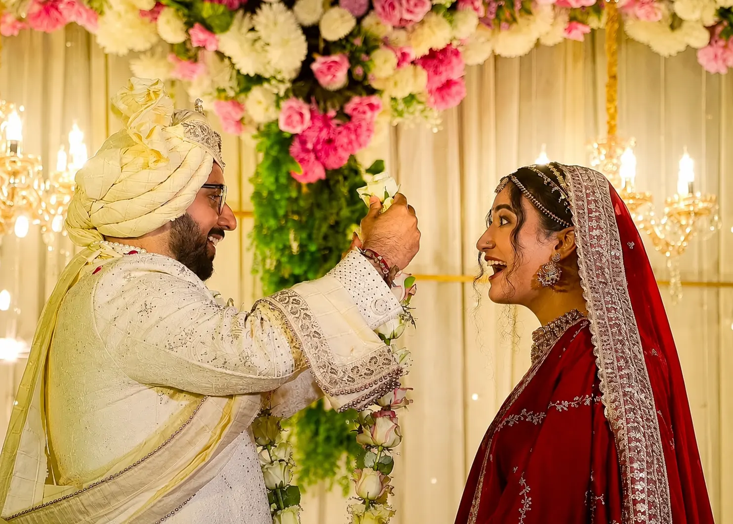 Bride and groom on wedding stage decor by DFD wedding & Events