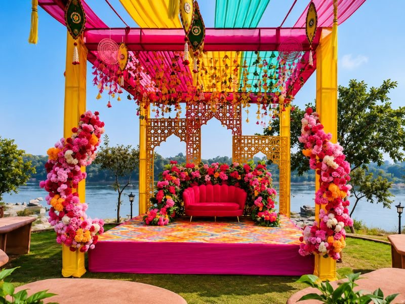 outdoor Haldi stage floral canopy decor by DFD Wedding Events